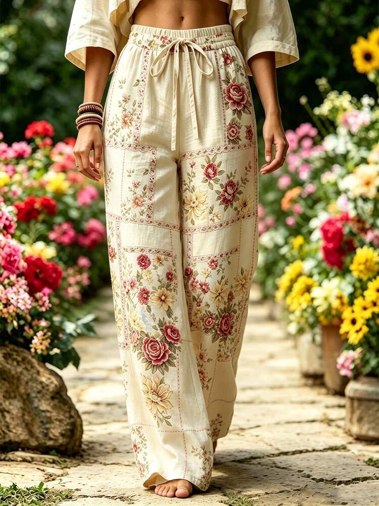 Selamara Bohemian Vacation Style Khaki Textured Casual Long Pants, Loose High Waist Elastic Waist Drawstring Draped Straight Leg Pants, Beach Casual Vacation Travel Wide Leg Pants - Multicolor - View 5
