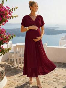 Loomaby Elegant Solid Color Maternity Party Dress - Burgundy - View 3