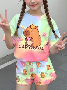 Tween女孩休閒極簡可愛水豚圖案彩色紮染短袖上衣與短褲兩件套，適合夏季，圖案設計，Kawaii，女孩套裝，Y2K，舒適，春/夏 - 彩色 - 查看 2