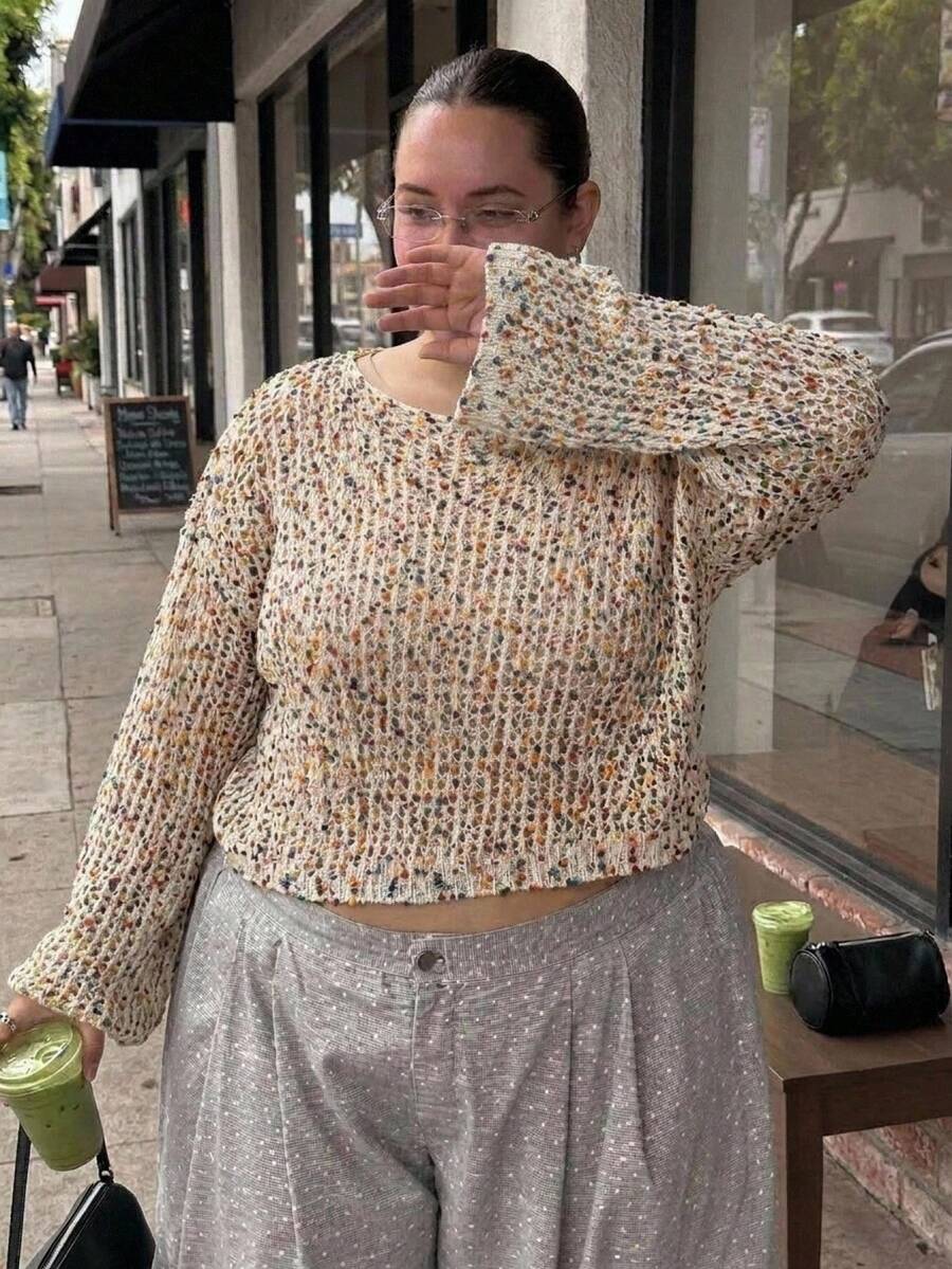 SHEIN CURVE+ Plus Size Colorful Polka Dot Hollow Round Neck Long ...