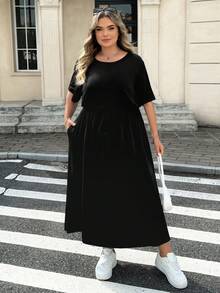 SHEIN CURVE+ 大尺碼純色圓領短袖腰部綁帶口袋休閒洋裝，2026秋冬 22W - 黑色 - 查看 7