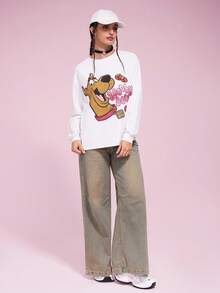 SCOOBY-DOO X SHEIN Kaos Wanita Lengan Panjang Putih Leher Bulat Motif Anjing dengan Stroberi, Lucu, Musim Gugur/Semi - Aprikot - View 5
