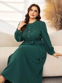 Lacomfia Plus Size Elegant Button Half-Placket Lace Patchwork Long Sleeve Dress - Green - View 5