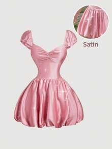 SHEIN MOD 女款純色百褶心形領口鬱金香下擺迷你洋裝 - 粉色 - 查看 2