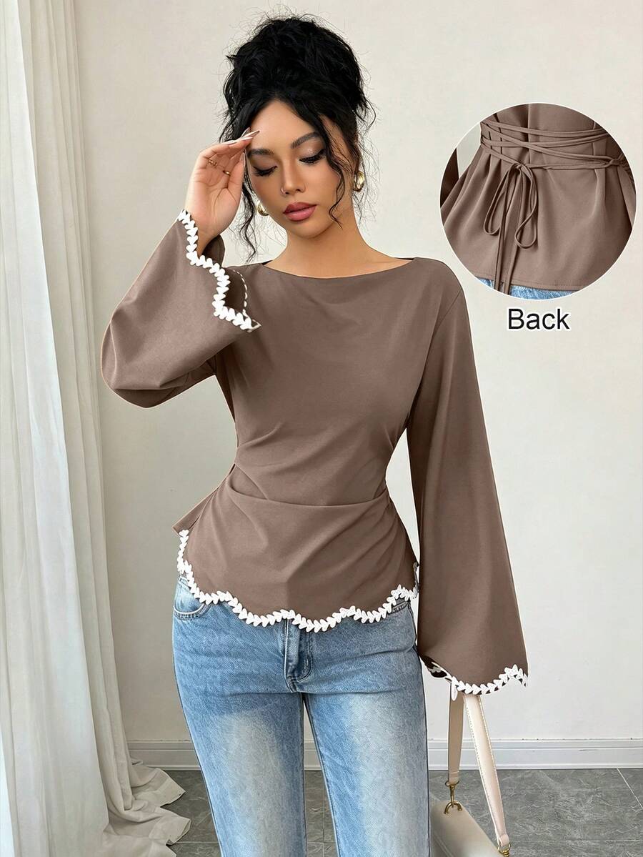 Elenzga Women's Spring/Summer 1pc Positioned Wavy Heart-Shaped Woven Ribbon Lace Trim Ruched Waist Blouse - Mocha Brown - View 1