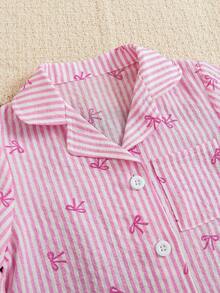 Young Girl Autumn/Winter Striped Bow Collar Long Sleeve Shirt And Pants Set, Suitable For Home And Outdoor Wear, Casual Back To School Long Sleeve Top - Pink - View 4