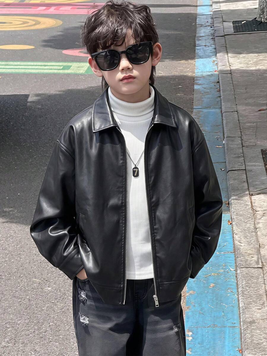 SHEIN Kids Tween Boy Casual Daily Versatile Comfortable Lapel PU Open Front Loose Long Sleeve Mid-Weight Jacket, Suitable For Children's , Back To School , Suitable For Birthday Parties, Evening Events, Performances, Weddings, Christenings, Opening Ceremonies, And Daily Wear For School And Travel