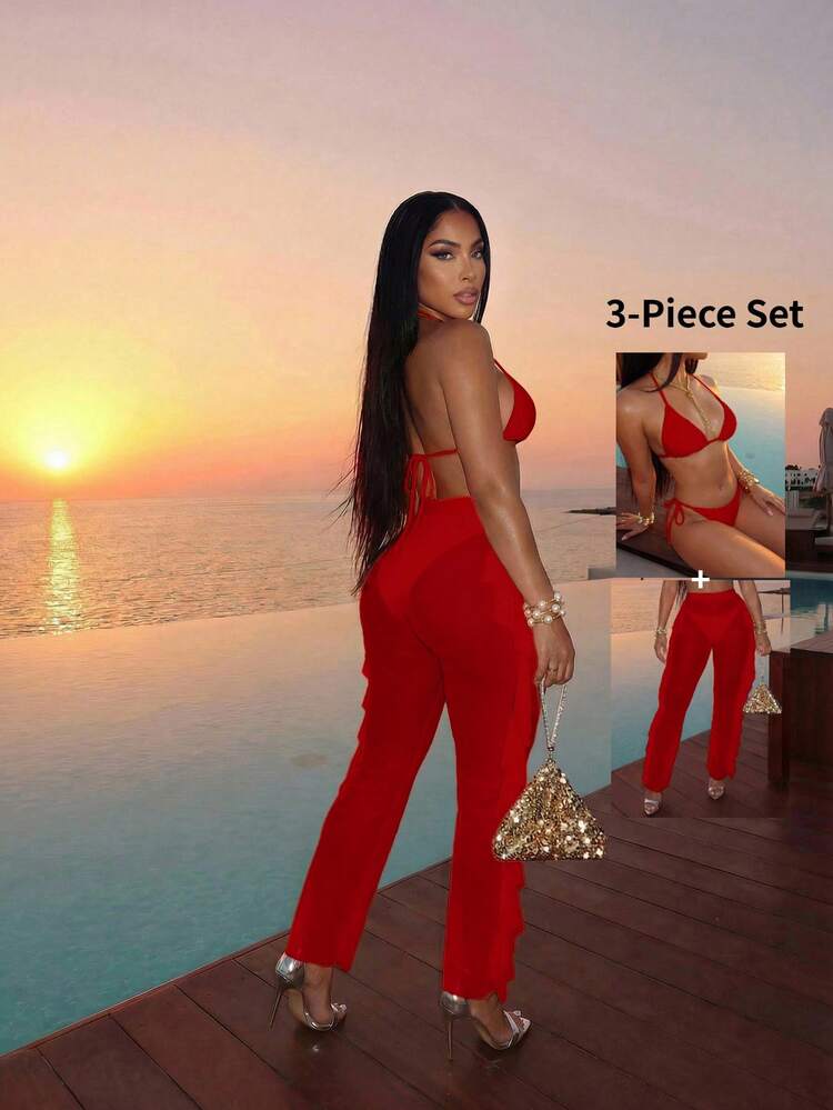 Slaydiva 2026 Casual Tropical Beach Party Vacation Swimwear 3-Piece Set, Elegant Sexy Bikini + Side Ruffle Semi-Sheer Elastic Fabric Long Pants Red Summer - Red - View 2