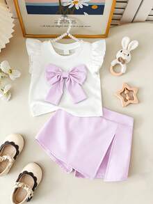 Souflis Souflis 6-9M-2-3Y 嬰兒女童 2 件套，甜美蝴蝶結裝飾飛袖圓領上衣 & 彈性腰粉色開衩短褲，適合日常穿著、聚會及其他場合 - 紫色 - 查看 3