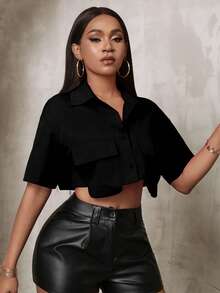 BamGleam Solid Color Collared Pocket Short Sleeve Shirt, Summer,Short Sleeve Tops - Black - View 4