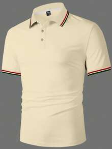Calvornis Camisa polo de manga corta con media abertura de botones y rayas de colores contrastantes para hombres - Amarillo claro - Ver 5