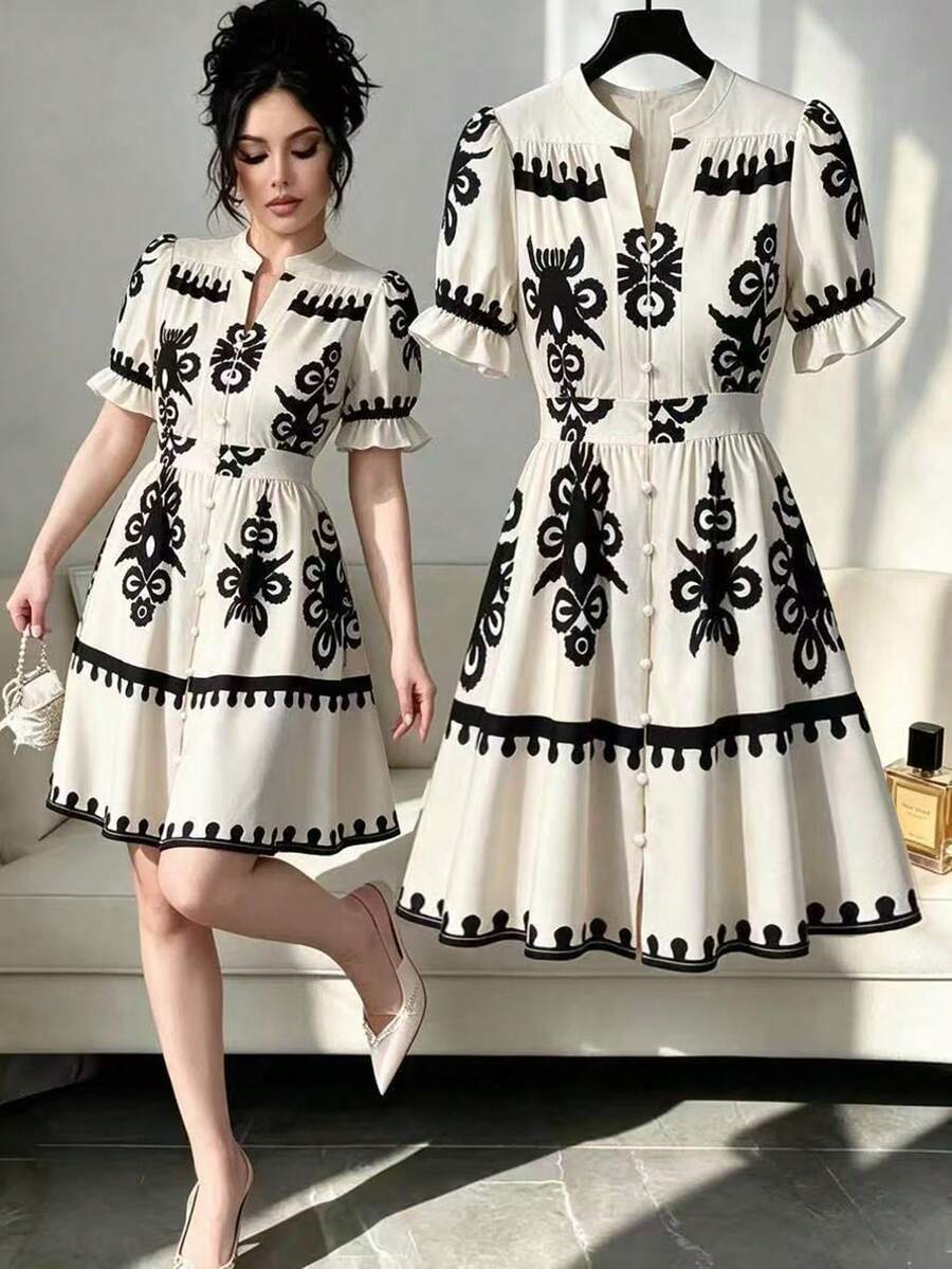 Selianne 新款春夏女款休閒優雅花卉印花V領收腰A字洋裝 - 彩色 - 查看 1