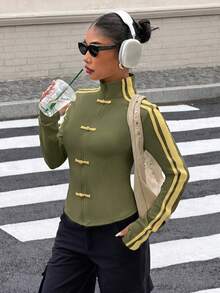 Muchica Army Green Spring/Summer New Women's Knit Sporty Style Ribbon & Button Design Sun Protection Thin Jacket - Army Green - View 3