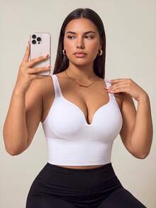 SHEIN Rhythm Era Sujetador deportivo de unicolor talla grande - Blanco - Ver 2