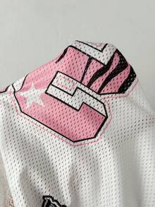 Coolane 女款夏季運動基礎款 Y2K 數字圖案對比色蕾絲 V 領加大號運動 T 恤 - 彩色 - 查看 7