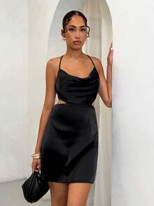SHEIN BAE Vestido halter con diseño fruncido de espalda abierta de satén - Negro - Ver 5