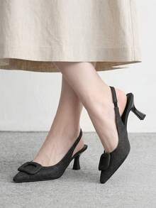 CUCCOO BIZCHIC 女鞋春夏新款 牛仔尖頭鏤空鞋 大扣飾瑪麗珍鞋 復古休閒風 日常通勤約會鞋 職場百搭氣質女鞋 法式小眾設計高跟涼鞋 - 牛仔黑 - 查看 4