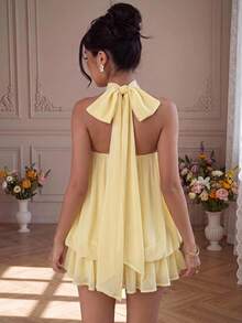 SHEIN Girlism Teen Girl Teen Girls Partywear Spring Summer New Elegant Light Yellow Chiffon Spaghetti Strap Spaghetti Strap Tie Bow Short Mini Dress, Summer Tropical Flowy Doll Dress, Summer Dress, Graduation Party - Yellow - View 2