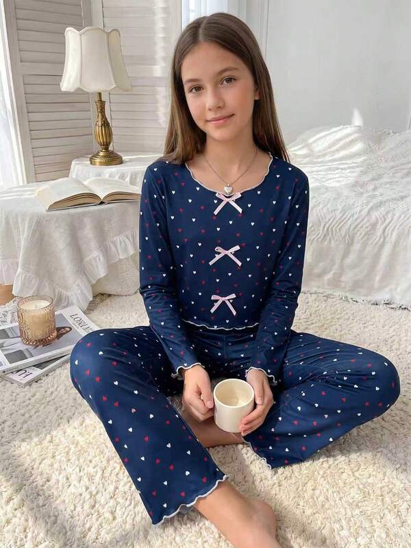 Girls' Royal Blue Small Heart Print Long Sleeve Cropped Top And Matching Heart Print Long Pants Pajama Loungewear Set