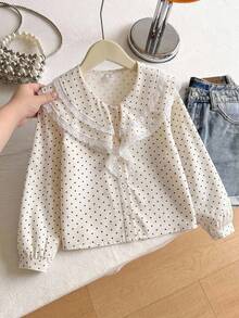SHEIN 女童優雅刺繡蕾絲花瓣領公主風長袖前扣單排鈕扣休閒時尚襯衫，適合校園、度假、旅行、生日派對禮物，春秋款 - 黑與白 - 查看 9
