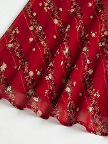 lacRébo Vintage Red Midi Dress With Diagonal Floral Print, Halter Neckline, And Open Back Elegant Style Chic - Red - View 10