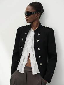 Aveloria Modichic Jaket Kantor Gaya Napoleon Warna Hitam Polos untuk Musim Panas/Gugur, Kancing Depan, Hiasan Bahu, Epaulette, Gesper Logam, Elegan, Berkelas, Kasual, Pas Badan. - Hitam - View 5