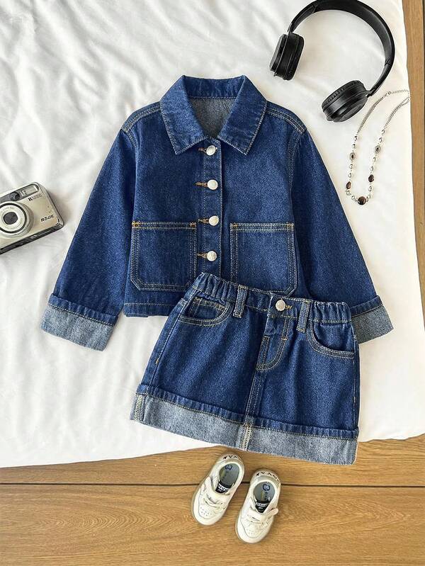 SHEIN Conjunto de 2 piezas de chaqueta corta y falda de mezclilla azul oscuro para niña