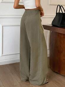 DAZY Solid Color Loose Tie-Up Elegant Street Casual Vacation Spring Autumn Wide Leg Pants Women Long Brunch Office Olive Green - Green - View 5
