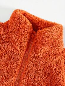 SHEIN EZwear 女款半拉鍊白色刷毛字母貼布設計運動衫，適合秋冬穿搭 - 橘色 - 查看 5