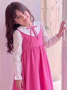 SHEIN Young Girl Young Girl College Style Colorblock Peter Pan Collar Long Sleeve Dress - Pink - View 2