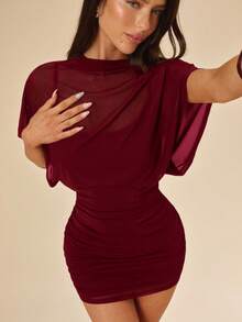 SHEIN BAE Spring/Summer Solid Black Sexy Sheer Ruched T-Shirt Mini Dress, Fitted Bodycon Party Cocktail Evening Nightclub Outfit, Short Sleeve High Neck Draped Design, Women's Spring/Summer Wear - Burgundy - View 7