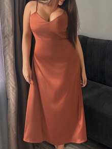 Dazy Plus Charming Glossy Satin Slim Fit Spaghetti Strap Long Plus Size Women Sexy Nightgown Spring Summer - Burnt Orange - View 3