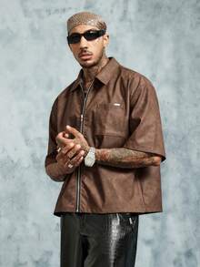 INCRYTM Men's Dark Brown Streetwear Textured PU Zip-Up Boxy Cropped Shirt,Relaxed Oversized Fit,Chest Pocket,Autumn,City Break Retro Casual Outfits - Brown - View 4