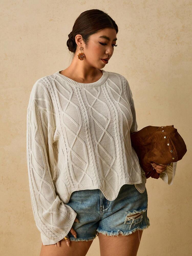 Travachic Sweater Leher Bulat Wanita Ukuran Plus - Krem - View 6