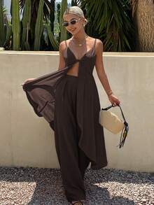 DAZY Spring Summer Casual Vacation Style Long Striped Cami Dress & Long Straight Leg Pants Women 2 Pieces Set - Brown - View 4