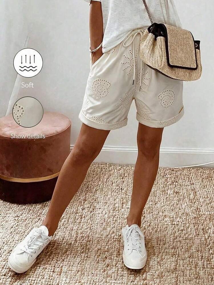 Vaclyn Shorts de mujer con bordado hueco, cintura con cordón y bolsillos, versátiles y de moda para vacaciones - Albaricoque - Añade 1