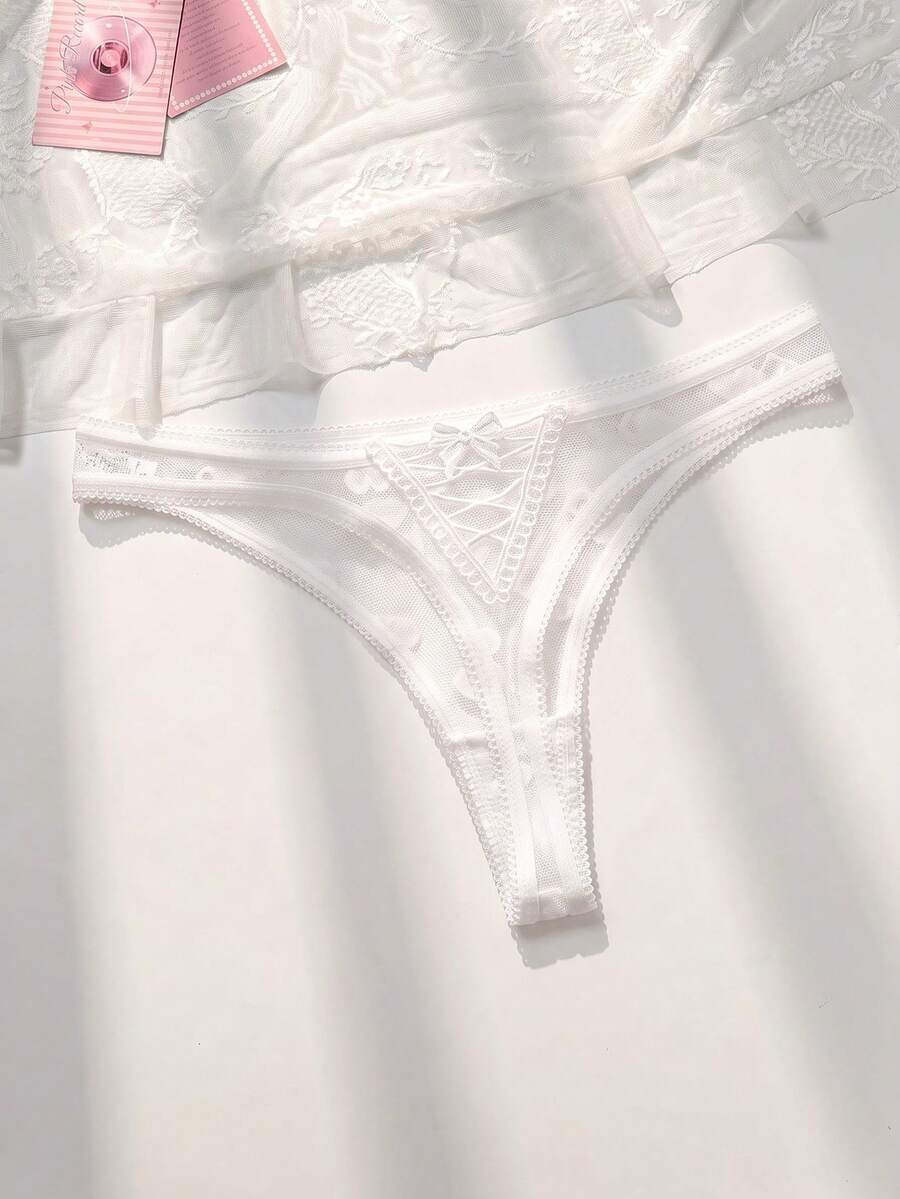 PetitDoll 透明心形网眼蝴蝶结装饰性感丁字裤 - 白色 - 查看 1