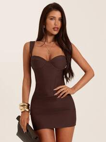 SHEIN BAE Women's Solid Color Casual Daily Summer Mini Dress - Brown - View 4
