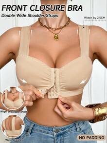 SHEIN Ruched Front Row Button Wide Strap Bra - Apricot - View 1
