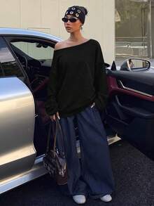 SHEIN EZwear 露肩寬鬆休閒長袖運動衫 34%棉 - 黑色 - 查看 7