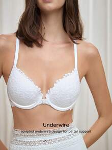 Bralution White Underwire Molded Cup High Support Push-Up Lift Cross Back Floral Pattern Front Closure Comfy Balconette Romantic French Elegant Exquisite Women's Bra - White - View 6