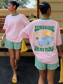Muchica 女款夏季字母檸檬印花圓領短袖T恤與條紋短褲休閒兩件套 - 彩色 - 查看 3