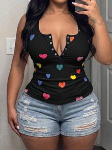 Slaydiva Blusa casual versátil ajustada con fruncido y estampado de corazones para mujer talla grande - Negro - Ver 3