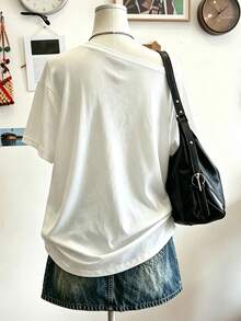 Lalippa 大尺碼女款返校季舒適拼接色鉛筆圖案上衣，不對稱肩休閒舒適T恤上衣，適合日常返校休閒穿著 - 彩色 - 查看 2
