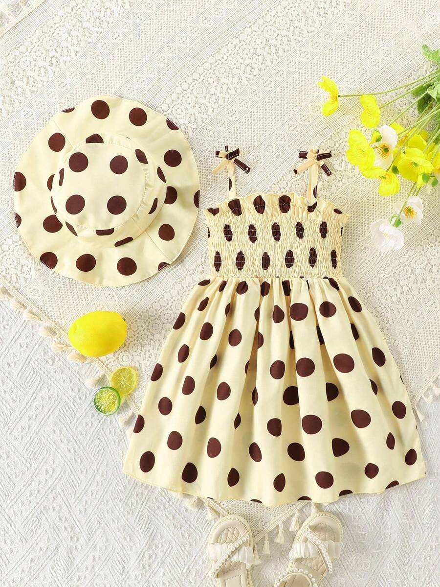 SHEIN Elladie kids 女童蝴蝶結洋裝,休閒可愛街頭風復古波點夏季開學穿搭,戶外運動日常舒適套裝 - 黃色 - 查看 1
