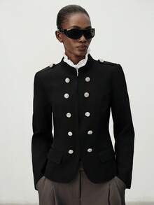 Aveloria Modichic Jaket Kantor Gaya Napoleon Warna Hitam Polos untuk Musim Panas/Gugur, Kancing Depan, Hiasan Bahu, Epaulette, Gesper Logam, Elegan, Berkelas, Kasual, Pas Badan. - Hitam - View 1