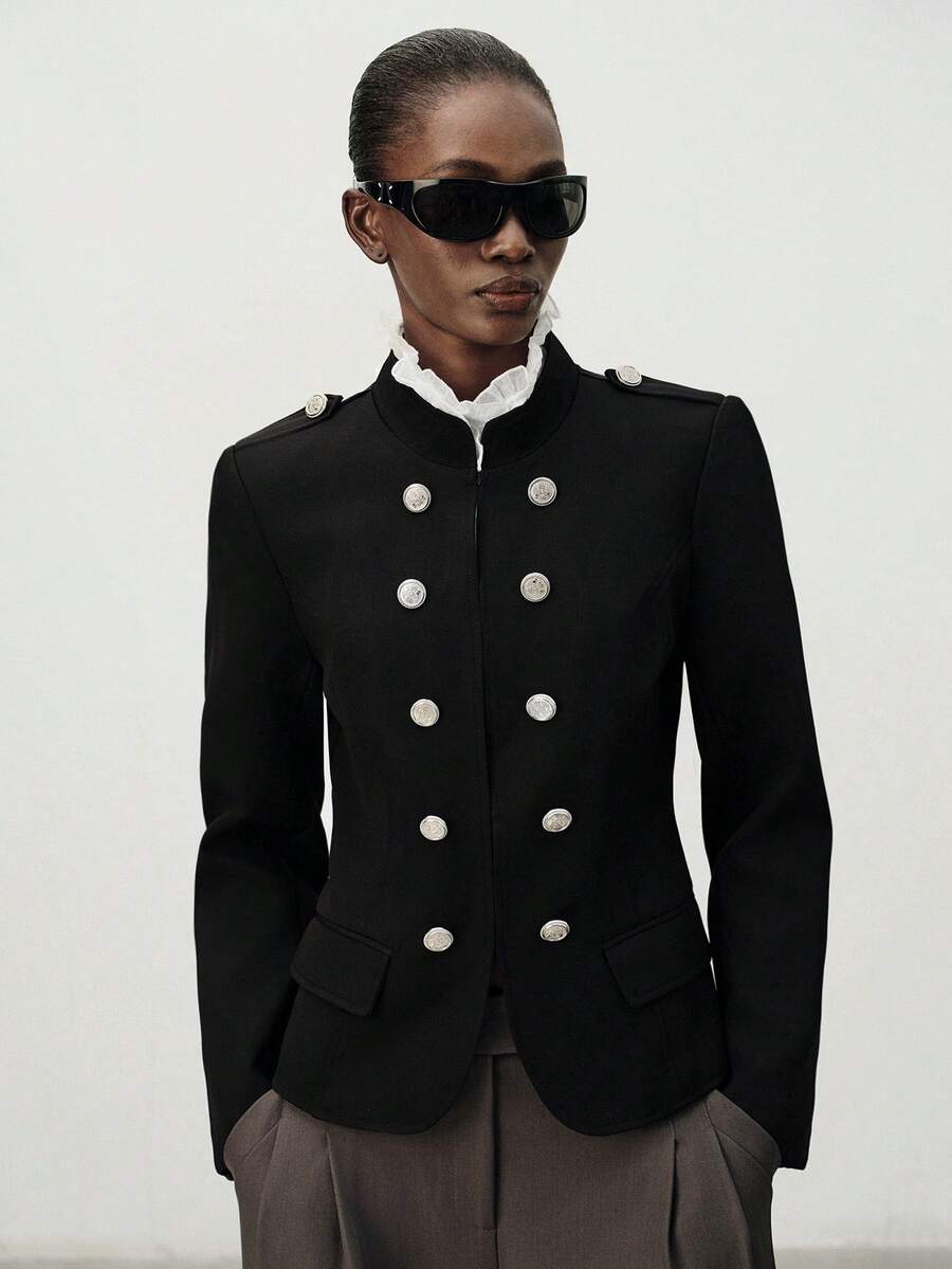 Aveloria Modichic Jaket Kantor Gaya Napoleon Warna Hitam Polos untuk Musim Panas/Gugur, Kancing Depan, Hiasan Bahu, Epaulette, Gesper Logam, Elegan, Berkelas, Kasual, Pas Badan. - Hitam - View 1