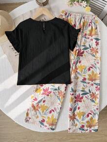 SHEIN 青少年女孩 T-Shirt 套裝 梭織純色短袖上衣搭配碎花長褲休閒套裝 - 黑色 - 查看 2