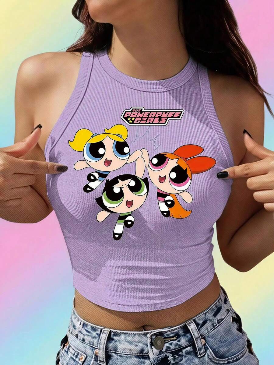 THE POWERPUFF GIRLS X SHEIN 女款夏季休閒卡通印花背心 - 紫色 - 查看 1