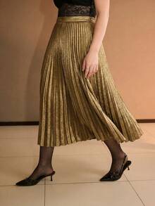 MOTF PREMIUM PLUS FASHIONABLE BRIGHT METALLIC GOLD PLEATED MID-LENGTH SKIRT FOR WOMEN FALL - Gold - View 5